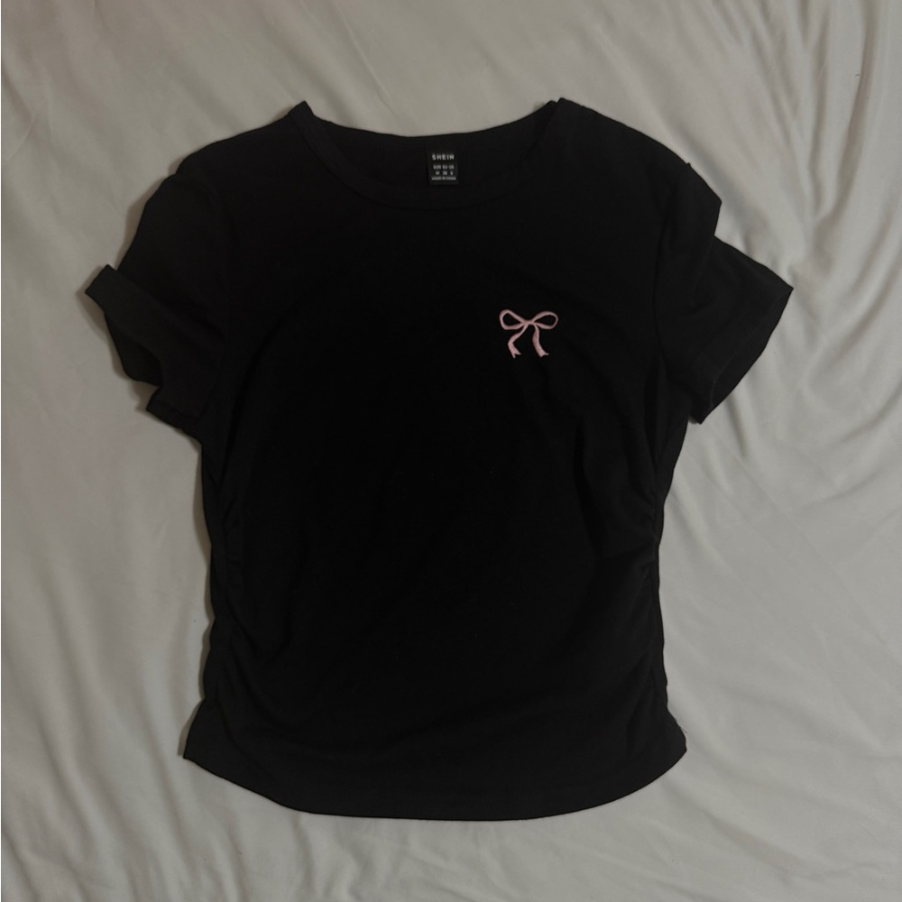 Black Tee with Pink Bow Detail